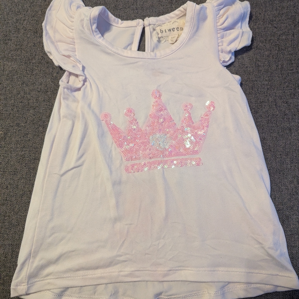 btween Girls' White Tee with Pink Sequin Crown
